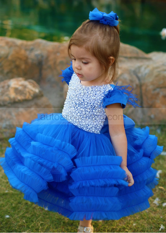 Royal Blue Pearl Rhinestone V Back Luxury Flower Girl Dress